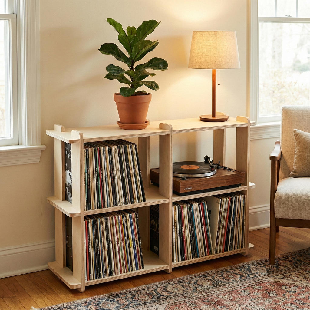 Birch Plywood Vinyl Record Storage | 4-Cube Media Console, No Tools