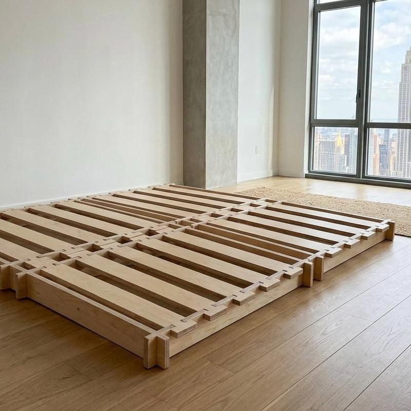 Tool-Free Japandi Birch Platform Bed Frame – Queen Size Low Profile Wood Base