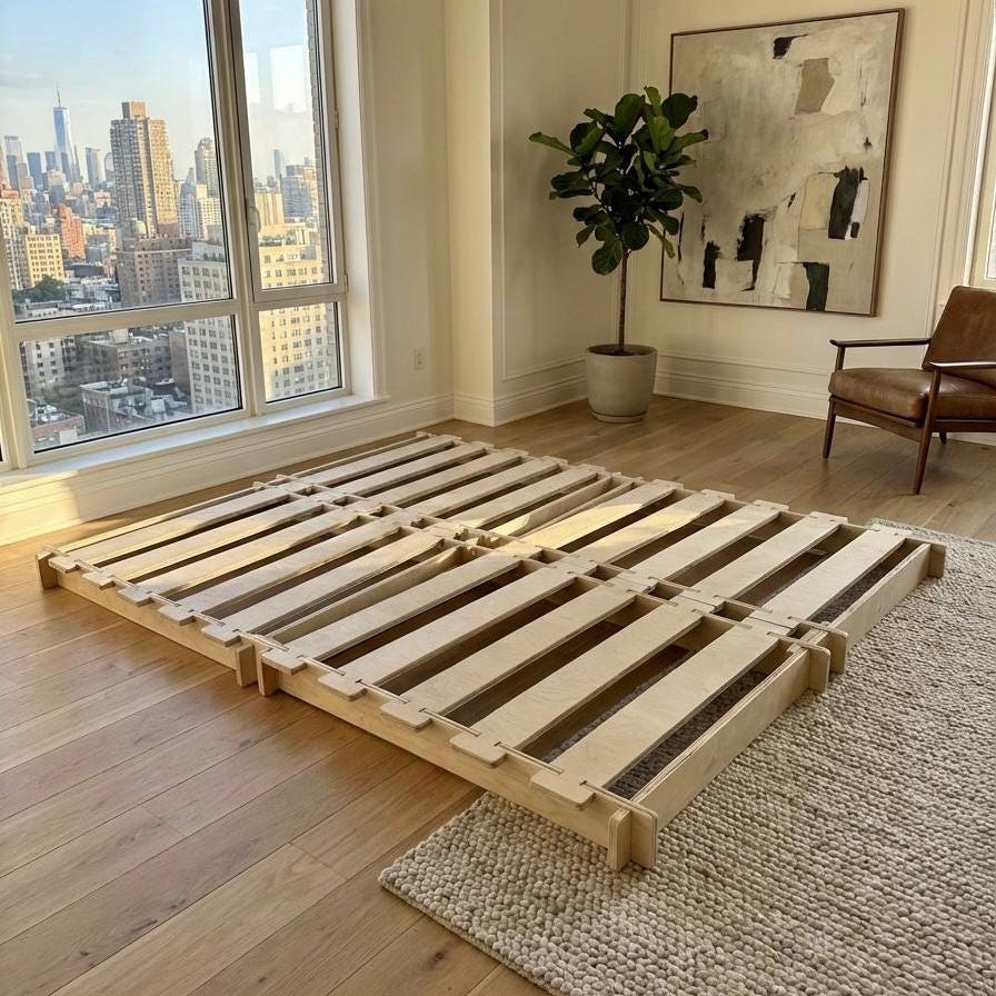 Tool-Free Japandi Birch Platform Bed Frame – Queen Size Low Profile Wood Base
