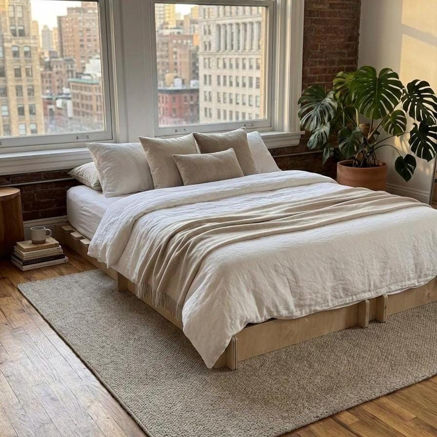 Tool-Free Japandi Birch Platform Bed Frame – Queen Size Low Profile Wood Base