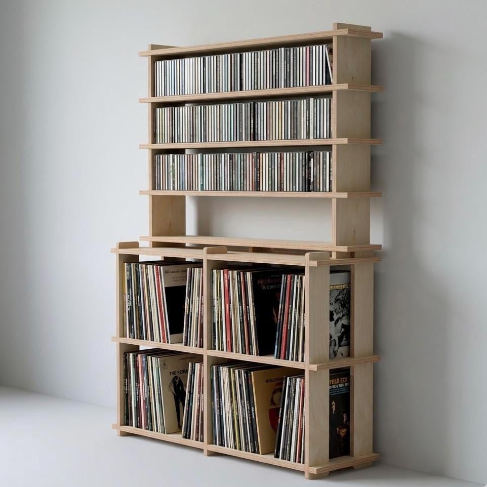 Combo CD/LP Record Music Shelf Japandi Mid Century Modern - No Tool Assembly