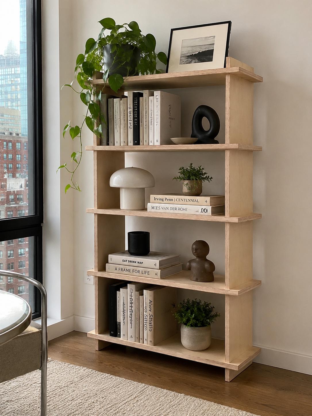 Modern Narrow Birch Bookshelf | Tool-Free Assembly Open Shelf | Flat Pack Bookcase | Minimalist Apartment Storage