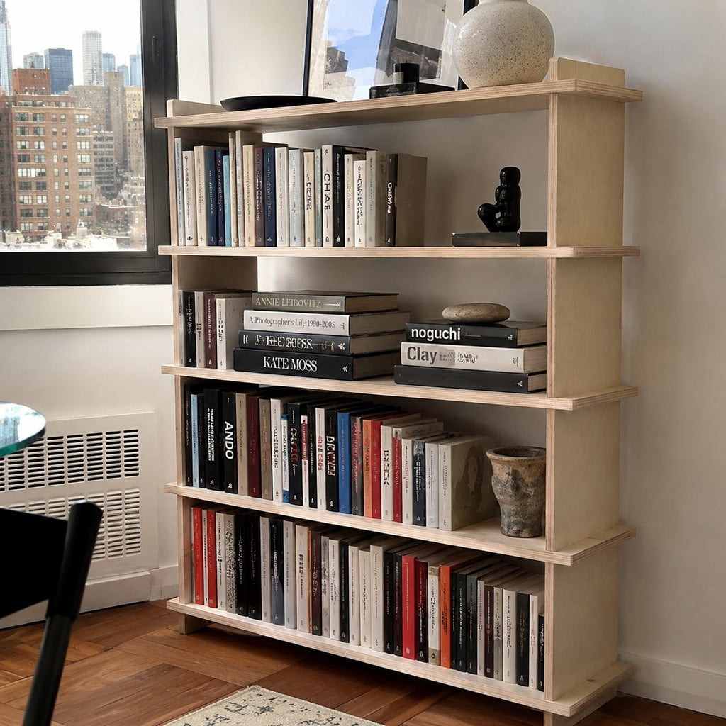 Modern Wide Birch Bookshelf | Tool-Free Assembly Open Shelf | Flat Pack Bookcase | Minimalist Apartment Storage