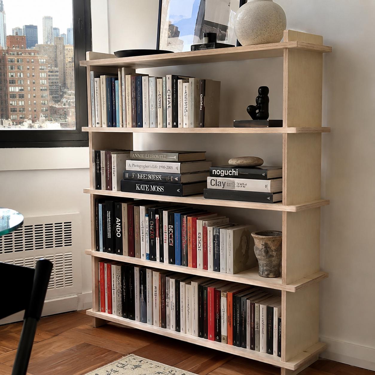Modern Wide Birch Bookshelf | Tool-Free Assembly Open Shelf | Flat Pack Bookcase | Minimalist Apartment Storage